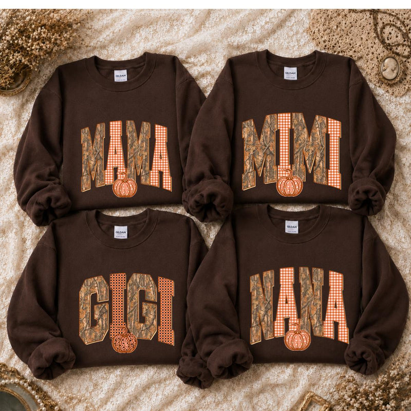 Mama Mimi Gigi Nana Fall Sweatshirt, Camo Gingham Pumpkin Grandma Crewneck, Dark Chocolate Autumn Shirt, Matching Family Gift, Thanksgiving Pullover for Mom Grandma Women, Cozy Fall Top