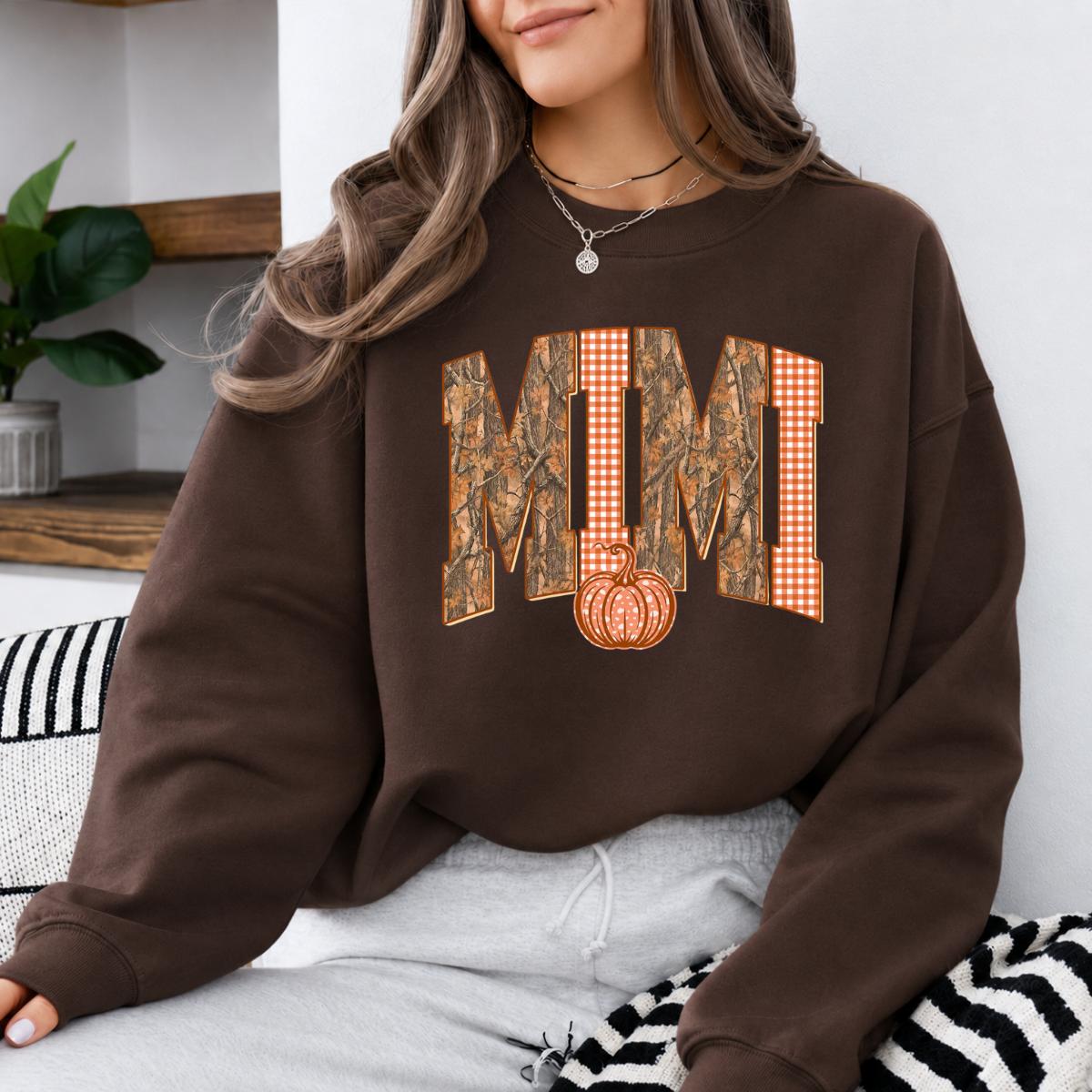 Mama Mimi Gigi Nana Fall Sweatshirt, Camo Gingham Pumpkin Grandma Crewneck, Dark Chocolate Autumn Shirt, Matching Family Gift, Thanksgiving Pullover for Mom Grandma Women, Cozy Fall Top