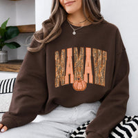 Mama Mimi Gigi Nana Fall Sweatshirt, Camo Gingham Pumpkin Grandma Crewneck, Dark Chocolate Autumn Shirt, Matching Family Gift, Thanksgiving Pullover for Mom Grandma Women, Cozy Fall Top