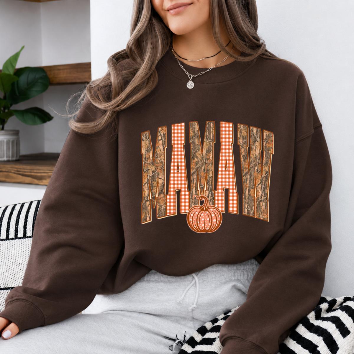 Mama Mimi Gigi Nana Fall Sweatshirt, Camo Gingham Pumpkin Grandma Crewneck, Dark Chocolate Autumn Shirt, Matching Family Gift, Thanksgiving Pullover for Mom Grandma Women, Cozy Fall Top