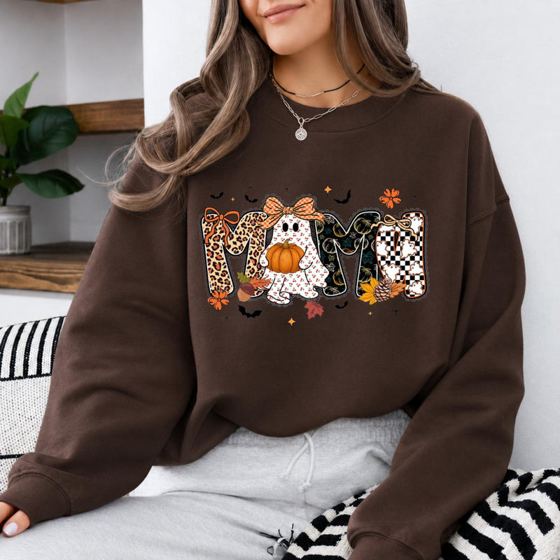 Mama Mimi Nana Gigi Halloween Sweatshirt, Cute Ghost Pumpkin Leopard Checkered Grandma Crewneck, Dark Chocolate Fall Shirt, Spooky Season Gift for Mom Grandma, Cozy Autumn Pullover