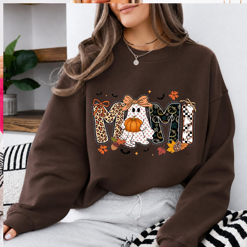 Mama Mimi Nana Gigi Halloween Sweatshirt, Cute Ghost Pumpkin Leopard Checkered Grandma Crewneck, Dark Chocolate Fall Shirt, Spooky Season Gift for Mom Grandma, Cozy Autumn Pullover