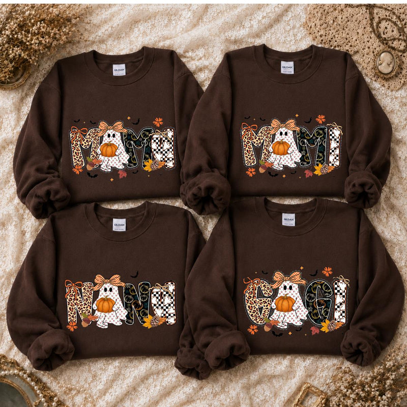 Mama Mimi Nana Gigi Halloween Sweatshirt, Cute Ghost Pumpkin Leopard Checkered Grandma Crewneck, Dark Chocolate Fall Shirt, Spooky Season Gift for Mom Grandma, Cozy Autumn Pullover