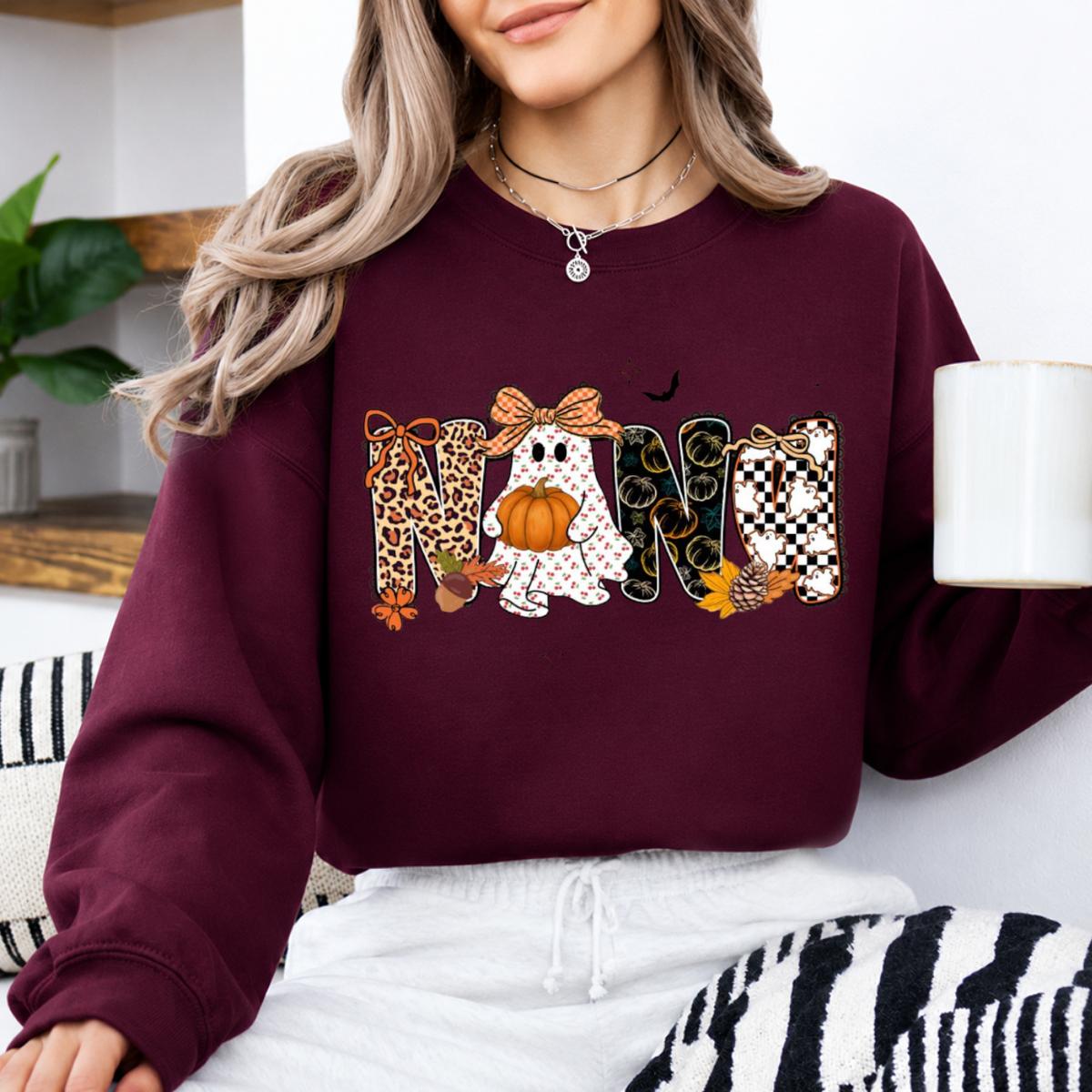 Mama Mimi Nana Gigi Halloween Sweatshirt, Cute Ghost Pumpkin Leopard Checkered Grandma Crewneck, Maroon Fall Shirt, Spooky Season Gift for Mom Grandma, Cozy Autumn Pullover for Women