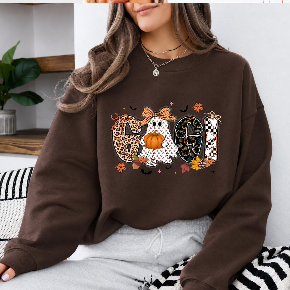 Mama Mimi Nana Gigi Halloween Sweatshirt, Cute Ghost Pumpkin Leopard Checkered Grandma Crewneck, Dark Chocolate Fall Shirt, Spooky Season Gift for Mom Grandma, Cozy Autumn Pullover