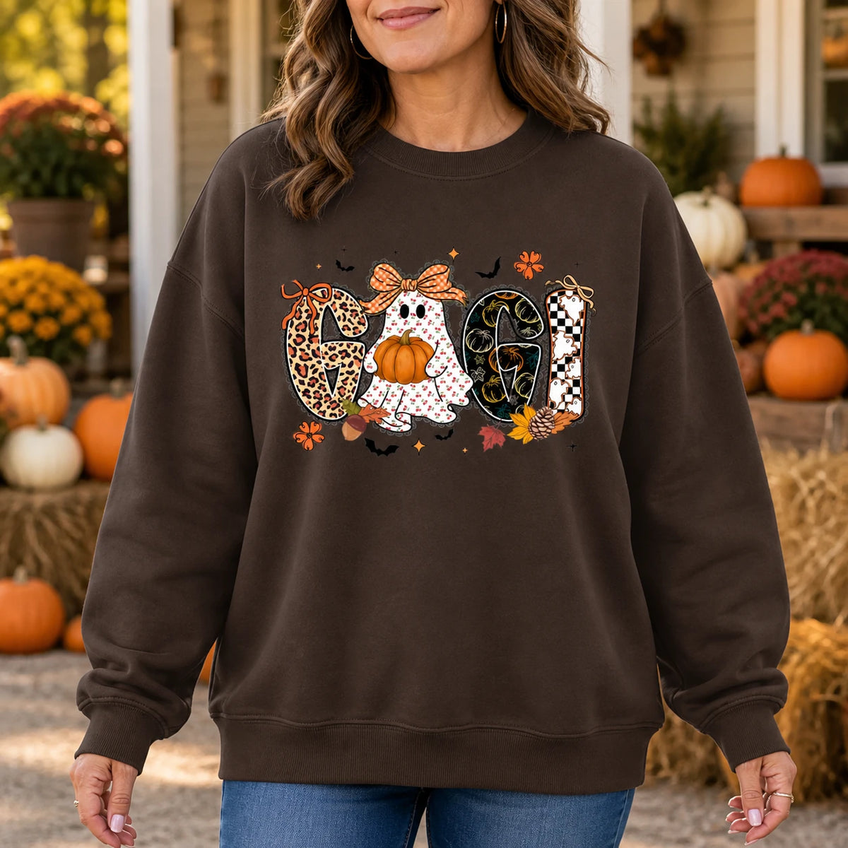 Mama Mimi Nana Gigi Honey Halloween Sweatshirt Cute Ghost Pumpkin Fall Grandma Crewneck