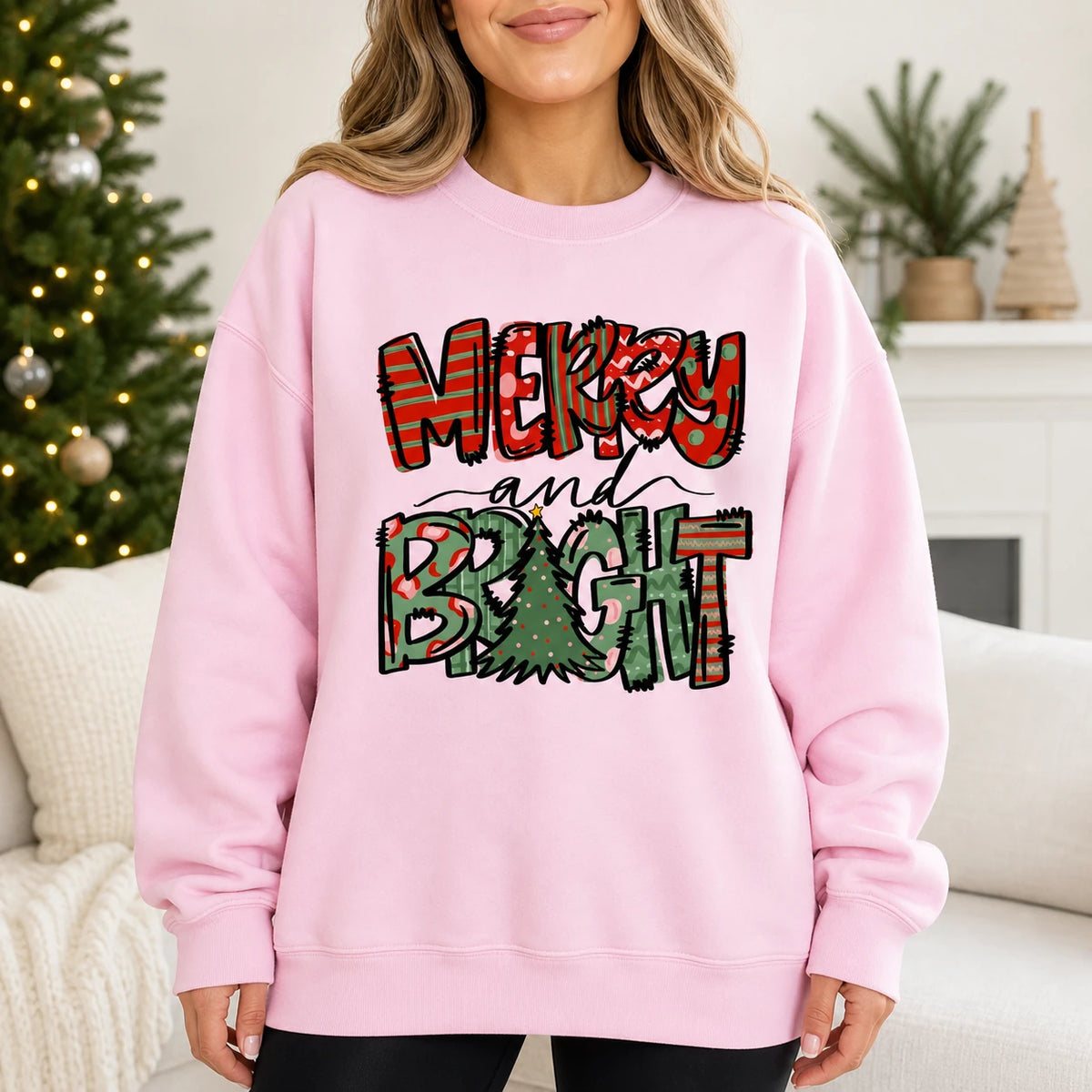 Merry and Bright Christmas Sweatshirt for Women Cute Holiday Patchwork Quote Design