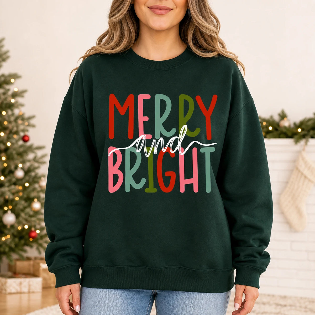 Merry and Bright Christmas Sweatshirt for Women Cute Holiday Quote Design