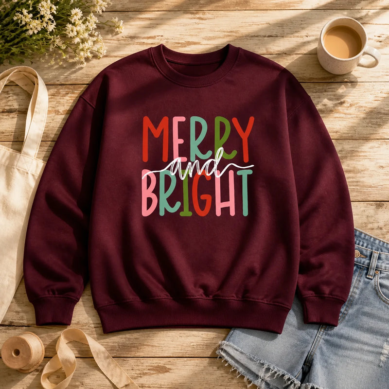 Merry and Bright Christmas Sweatshirt for Women Cute Holiday Quote Design