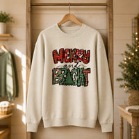 Merry and Bright Christmas Sweatshirt for Women Cute Holiday Patchwork Quote Design