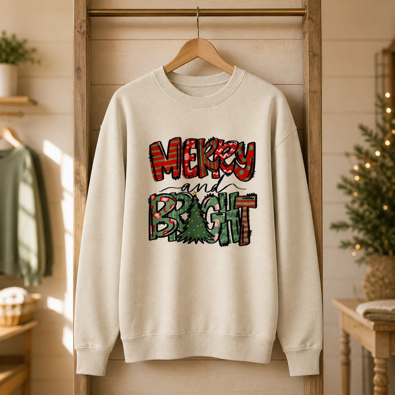 Merry and Bright Christmas Sweatshirt for Women Cute Holiday Patchwork Quote Design