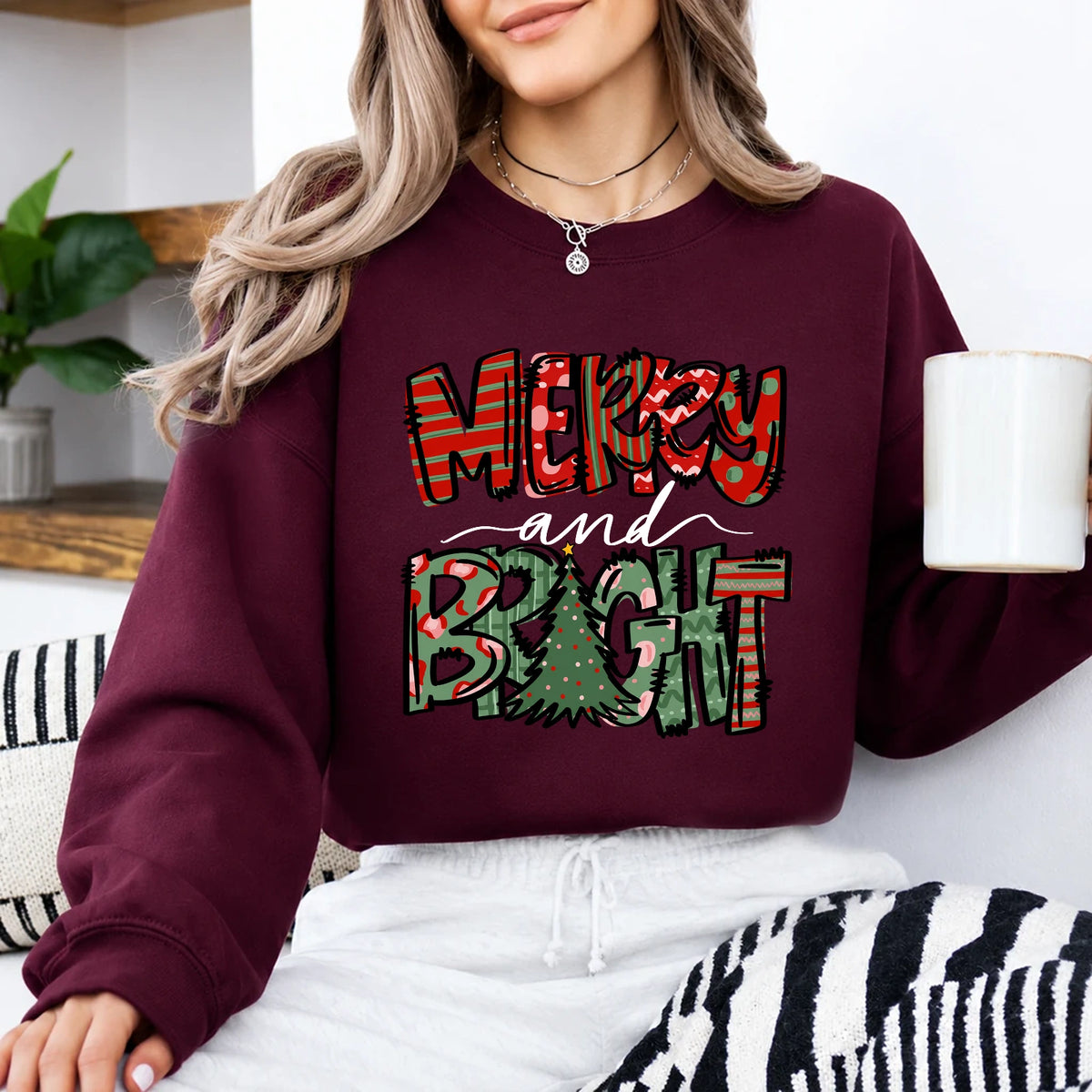 Merry and Bright Sweatshirt Merry and Bright Christmas Holiday Women Cute Patchwork Design