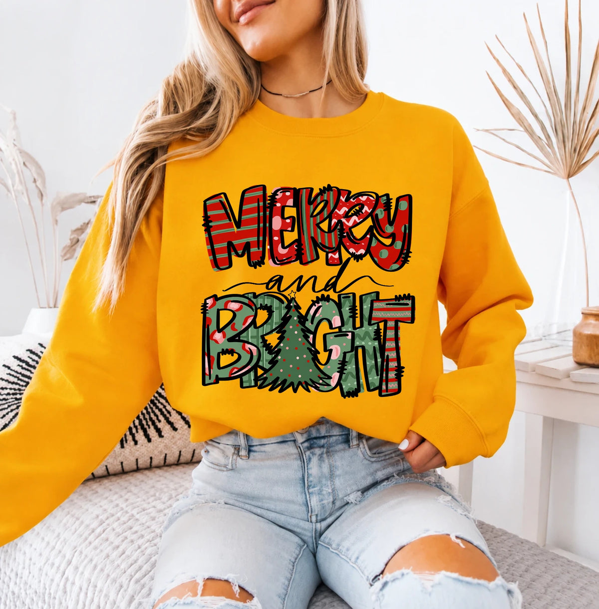 Merry and Bright Sweatshirt Merry and Bright Christmas Holiday Women Cute Patchwork Design