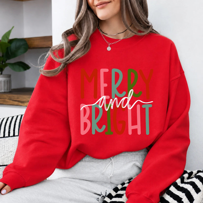 Merry And Bright Sweatshirt Merry And Bright Christmas Women Cute Hand Lettered Design