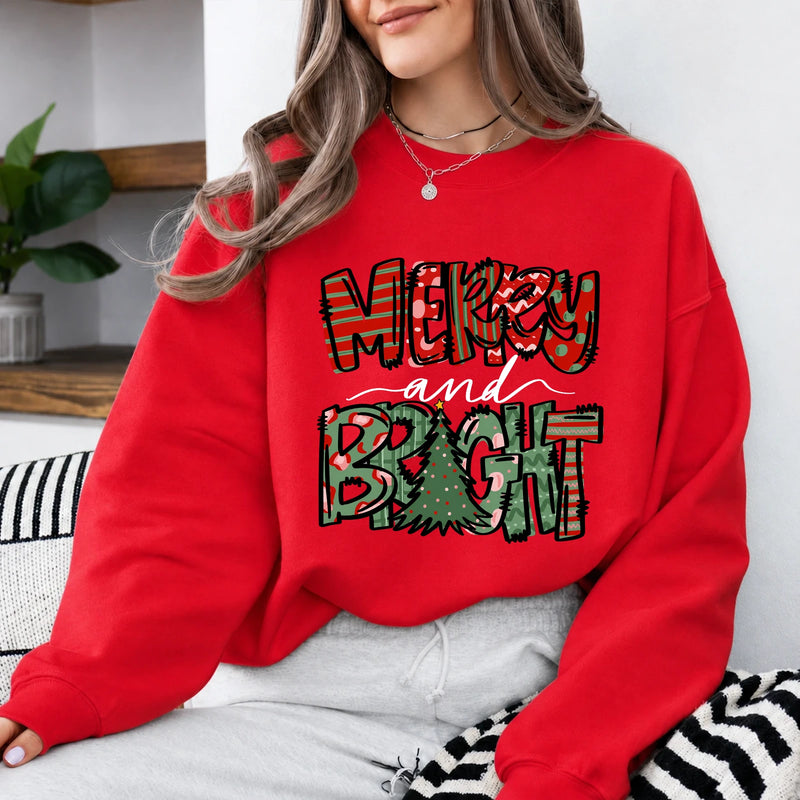 Merry and Bright Sweatshirt Merry and Bright Christmas Holiday Women Cute Patchwork Design