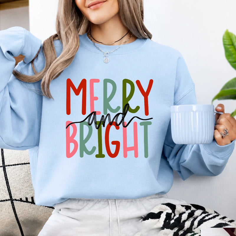 Merry And Bright Sweatshirt Merry And Bright Christmas Women Cute Hand Lettered Design