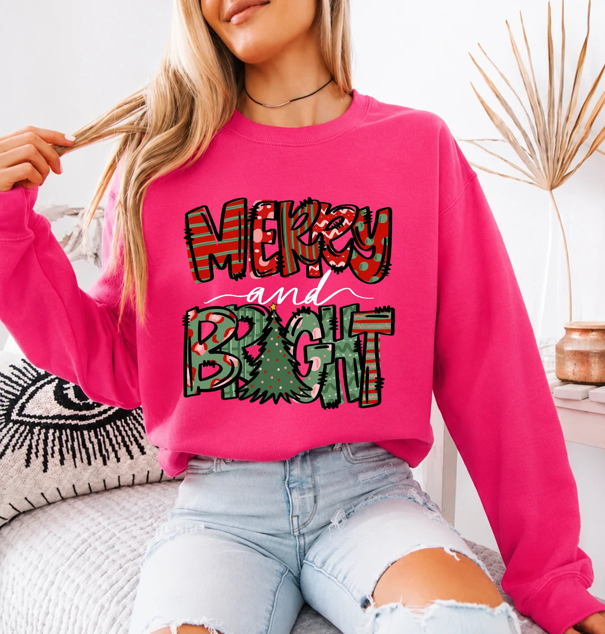 Merry and Bright Sweatshirt Merry and Bright Christmas Holiday Women Cute Patchwork Design