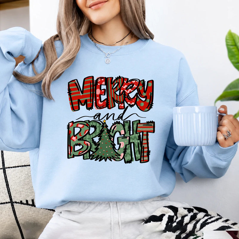 Merry and Bright Sweatshirt Merry and Bright Christmas Holiday Women Cute Patchwork Design