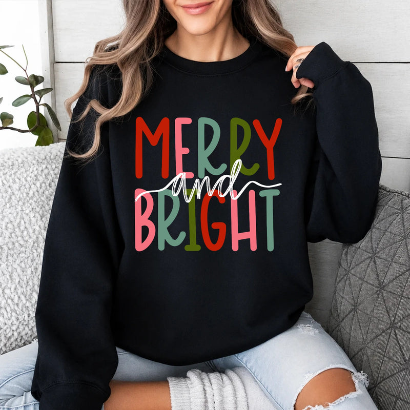 Merry And Bright Sweatshirt Merry And Bright Christmas Women Cute Hand Lettered Design