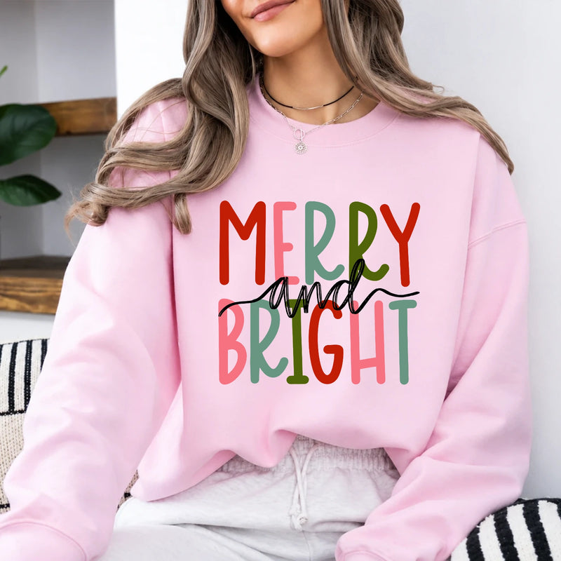 Merry And Bright Sweatshirt Merry And Bright Christmas Women Cute Hand Lettered Design