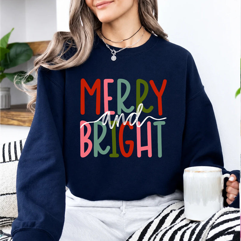 Merry And Bright Sweatshirt Merry And Bright Christmas Women Cute Hand Lettered Design