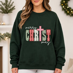 Merry CHRISTmas Christian Christmas Sweatshirt Faith Checker Cross Women Design