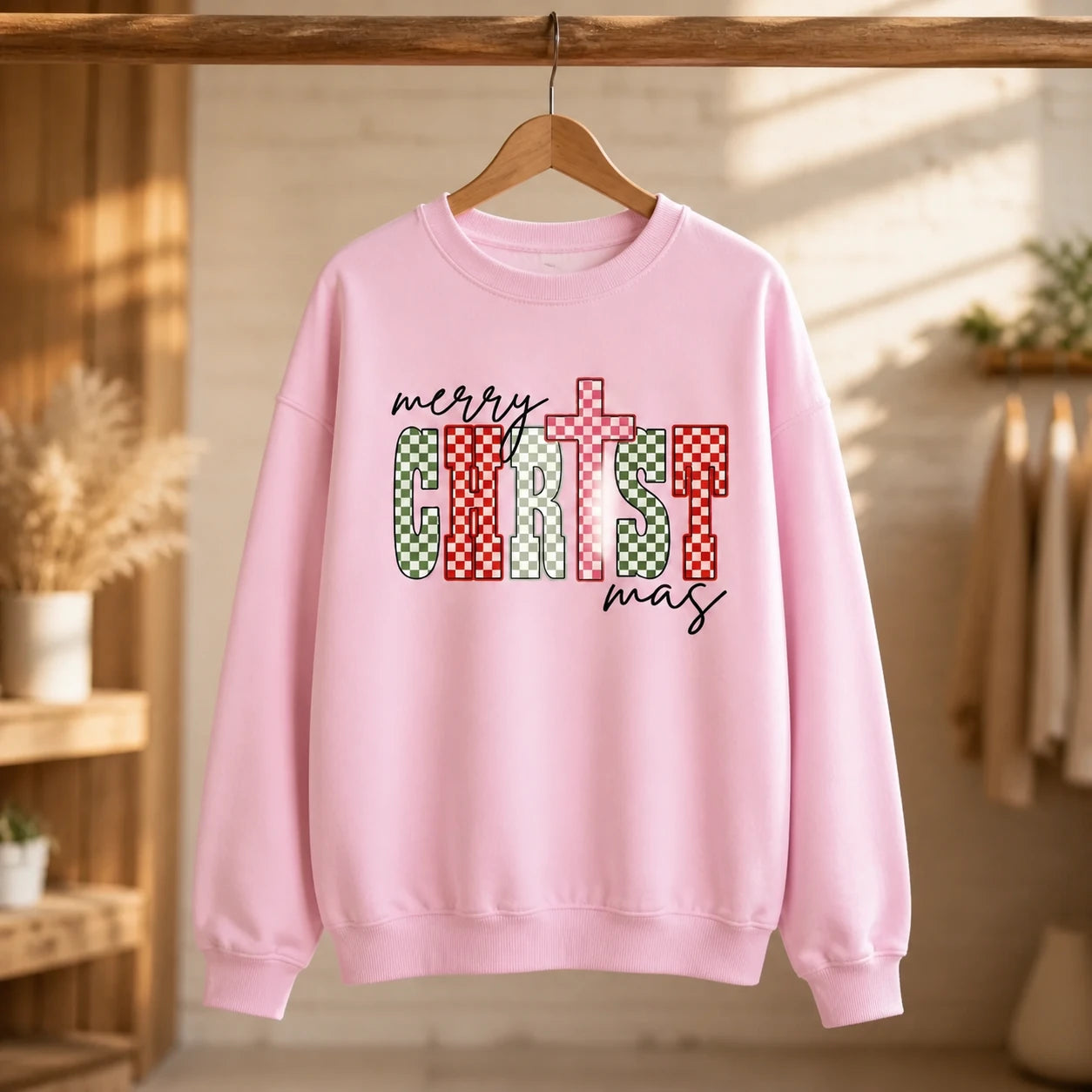 Merry CHRISTmas Christian Christmas Sweatshirt Faith Checker Cross Women Design