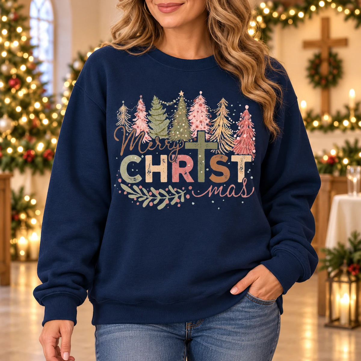 Merry CHRISTmas Christian Cross Sweatshirt, Vintage Pastel Tree Holiday Design