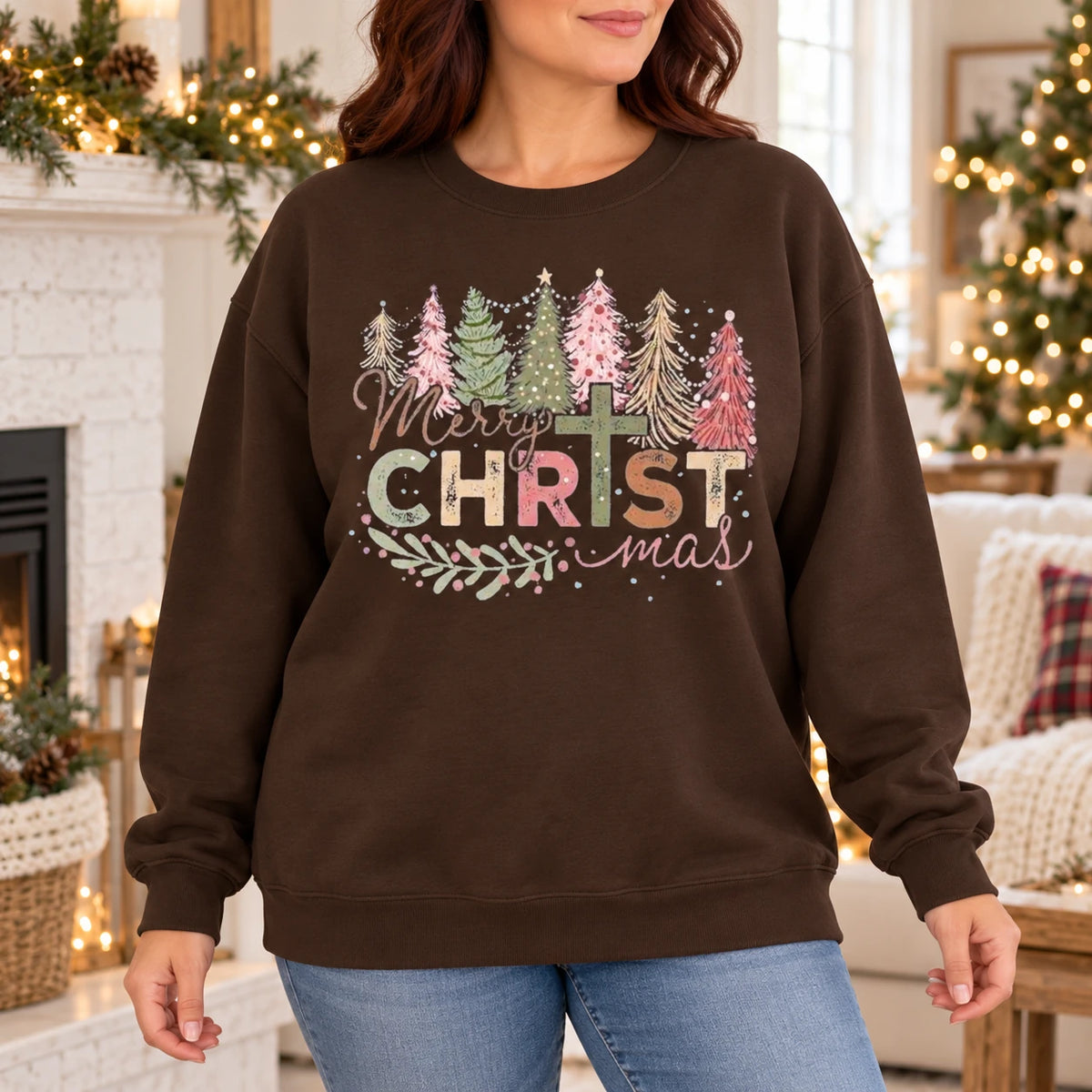 Merry CHRISTmas Christian Cross Sweatshirt, Vintage Pastel Tree Holiday Design