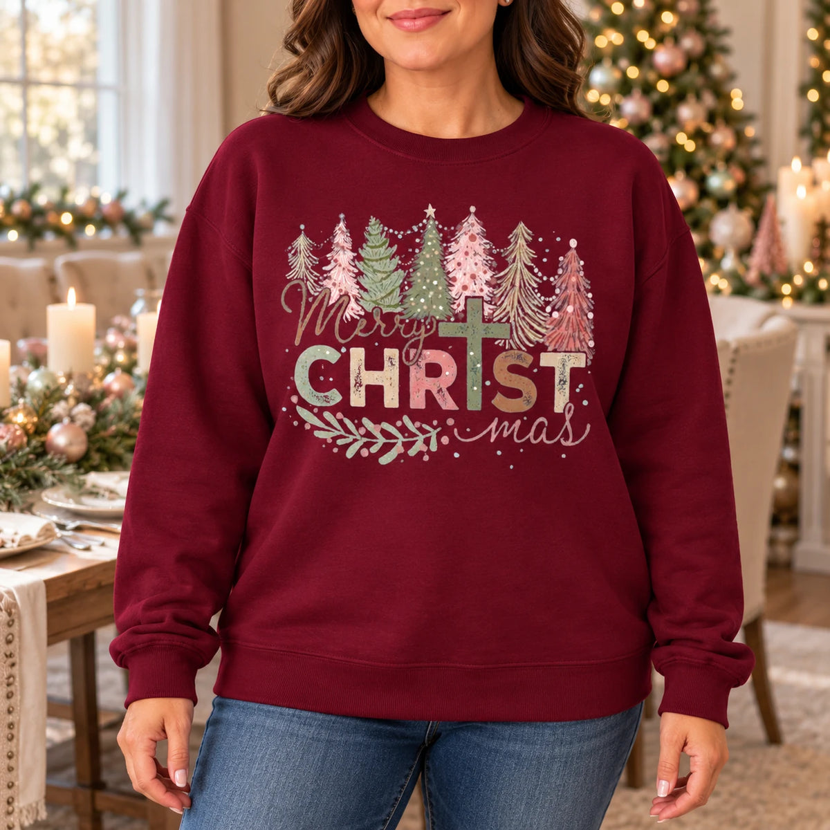 Merry CHRISTmas Christian Cross Sweatshirt, Vintage Pastel Tree Holiday Design