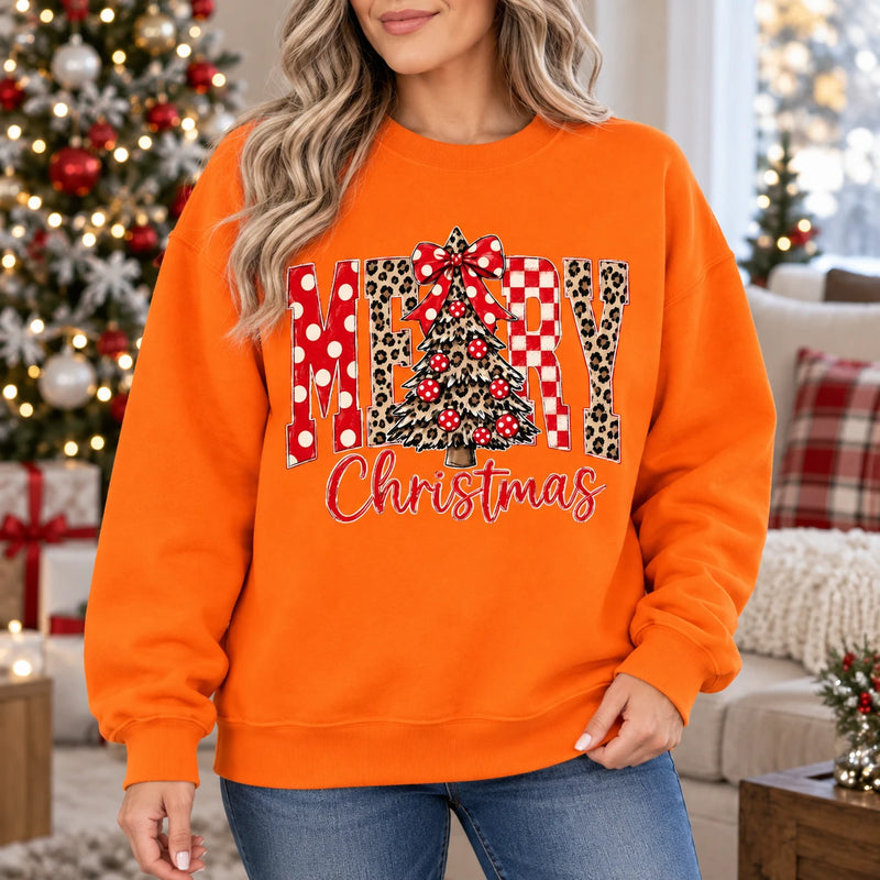 Merry Christmas Sweatshirt for Women, Cute Leopard Christmas Tree Holiday, Plaid Xmas Gift