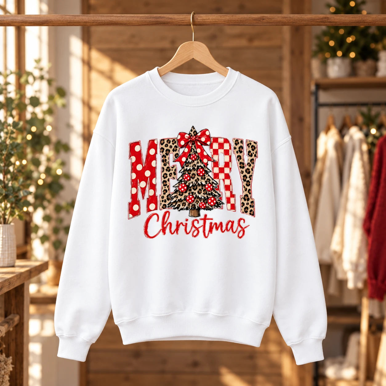 Merry Christmas Sweatshirt for Women, Cute Leopard Christmas Tree Holiday, Plaid Xmas Gift
