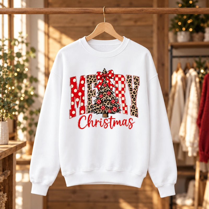 Merry Christmas Sweatshirt for Women, Cute Leopard Christmas Tree Holiday, Plaid Xmas Gift