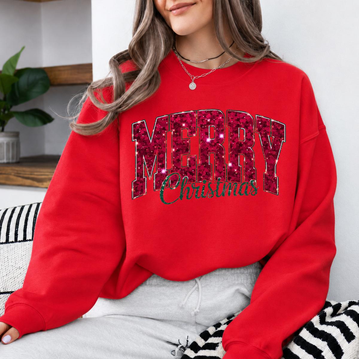 Merry Christmas Sweatshirt Glitter Sequin Graphic Holiday Winter Women Trendy Varsity