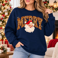 Merry Christmas Sweatshirt, Leopard Print MERRY Letters, Vintage Santa Claus Graphic, Western Inspired Holiday Style, Festive Christmas Outfit for Women