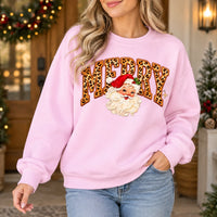 Merry Christmas Sweatshirt, Leopard Print MERRY Letters, Vintage Santa Claus Graphic, Western Inspired Holiday Style, Festive Christmas Outfit for Women