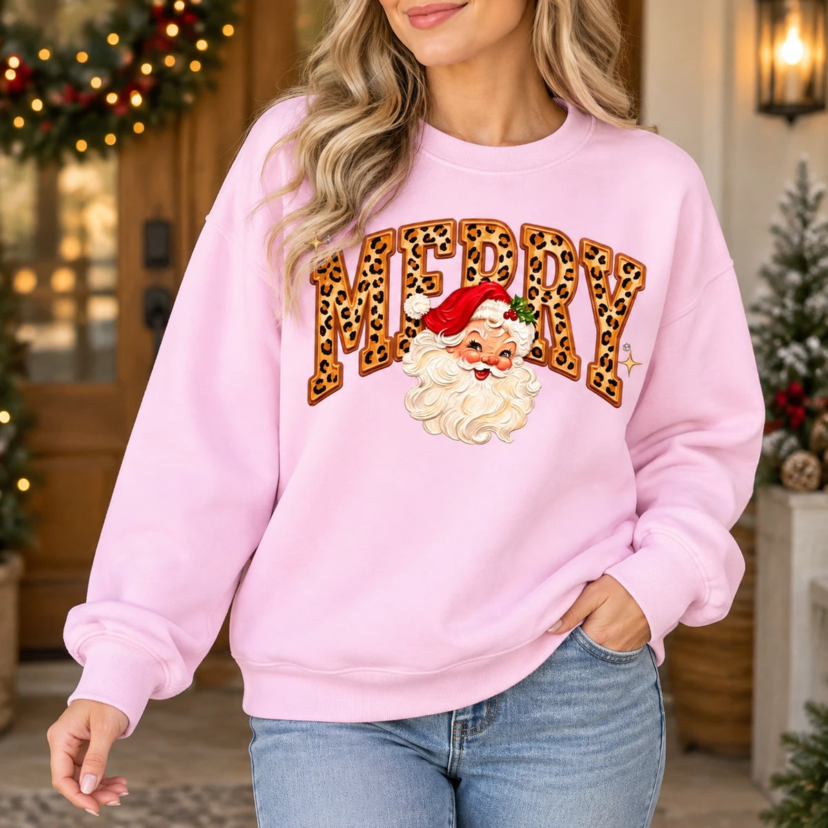 Merry Christmas Sweatshirt, Leopard Print MERRY Letters, Vintage Santa Claus Graphic, Western Inspired Holiday Style, Festive Christmas Outfit for Women