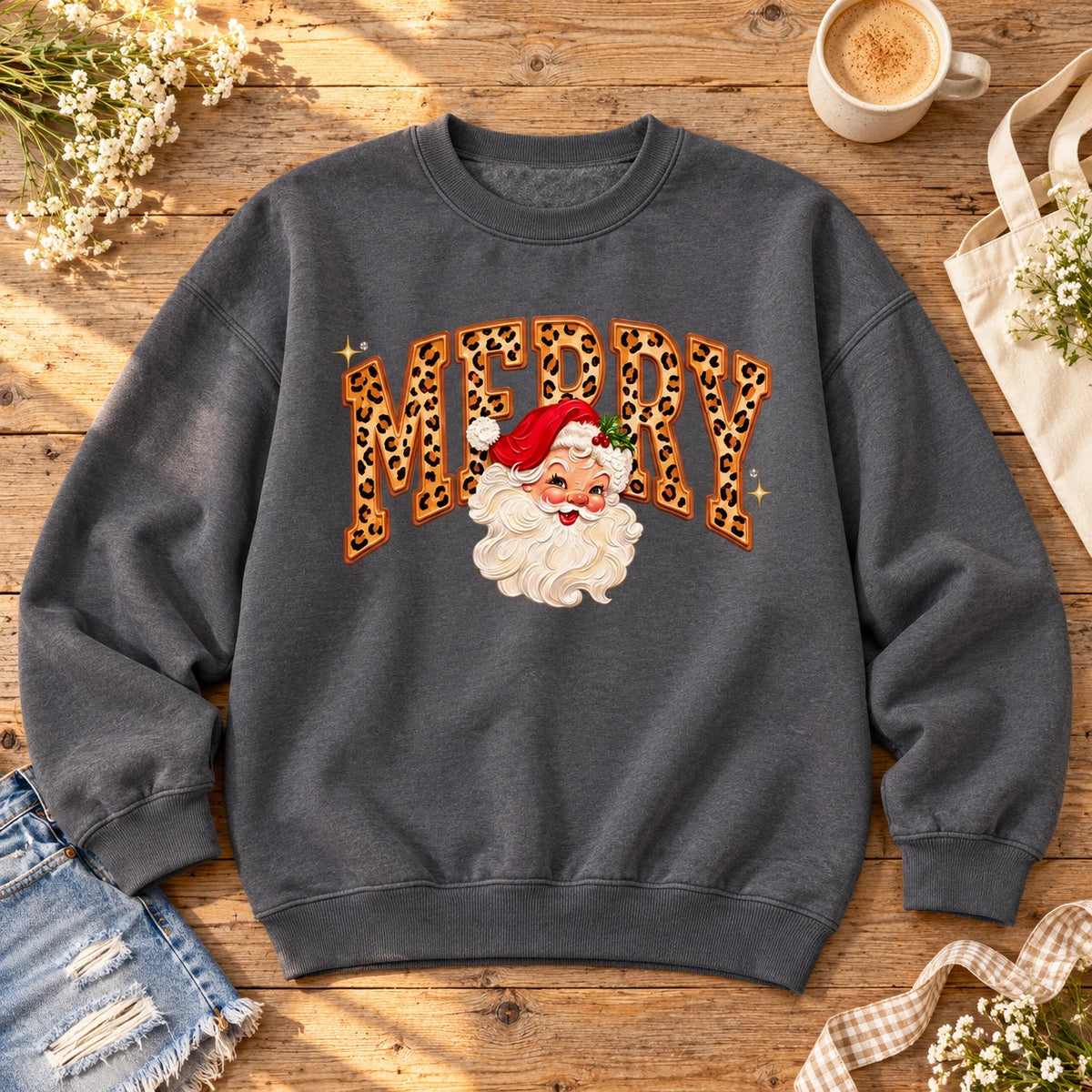 Merry Christmas Sweatshirt, Leopard Print MERRY Letters, Vintage Santa Claus Graphic, Western Inspired Holiday Style, Festive Christmas Outfit for Women