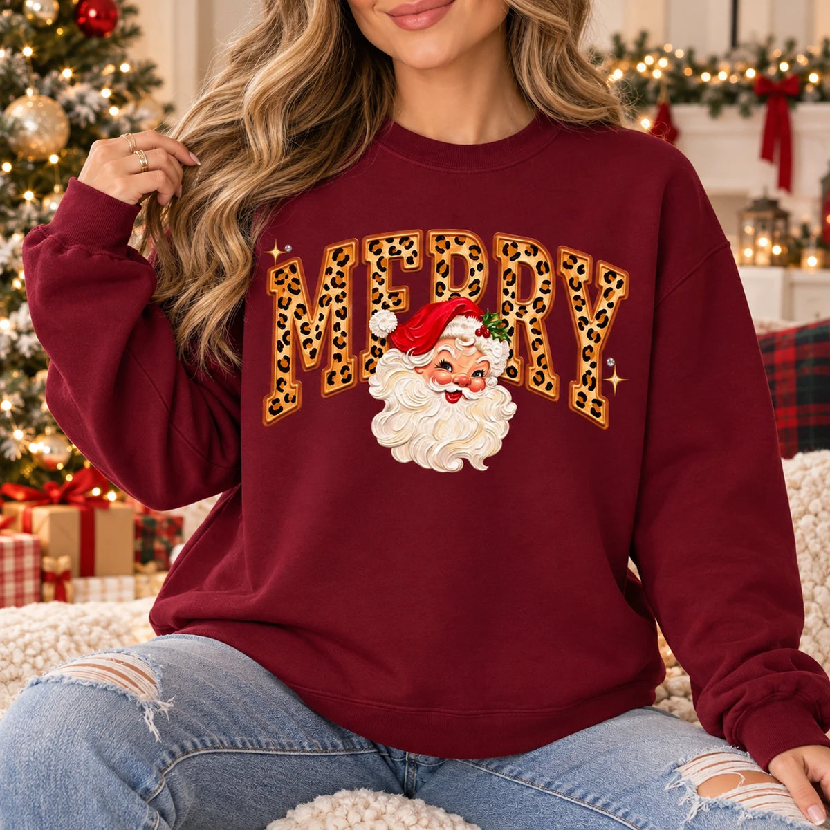 Merry Christmas Sweatshirt, Leopard Print MERRY Letters, Vintage Santa Claus Graphic, Western Inspired Holiday Style, Festive Christmas Outfit for Women
