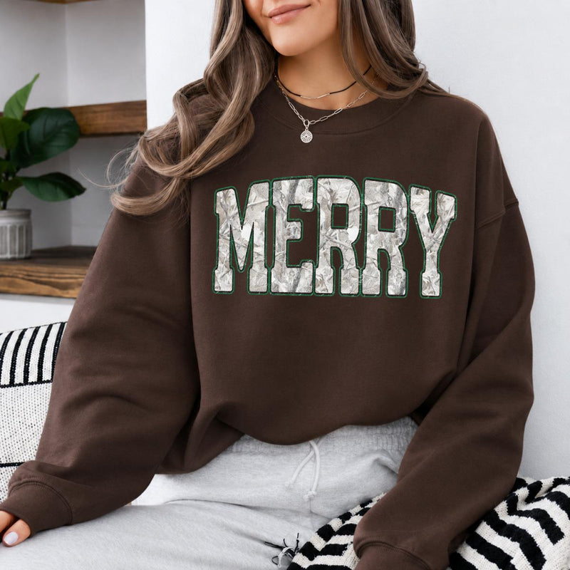 Merry Christmas Sweatshirt Merry Camo Letter Holiday Winter Women Rustic Outdoorsy Style