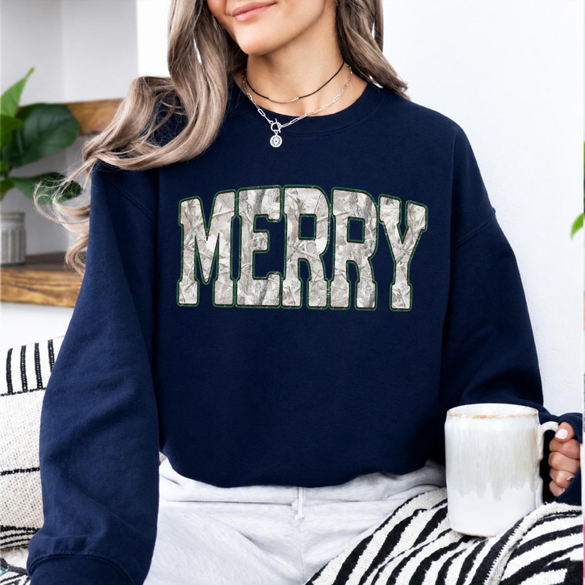 Merry Christmas Sweatshirt Merry Camo Letter Holiday Winter Women Rustic Outdoorsy Style