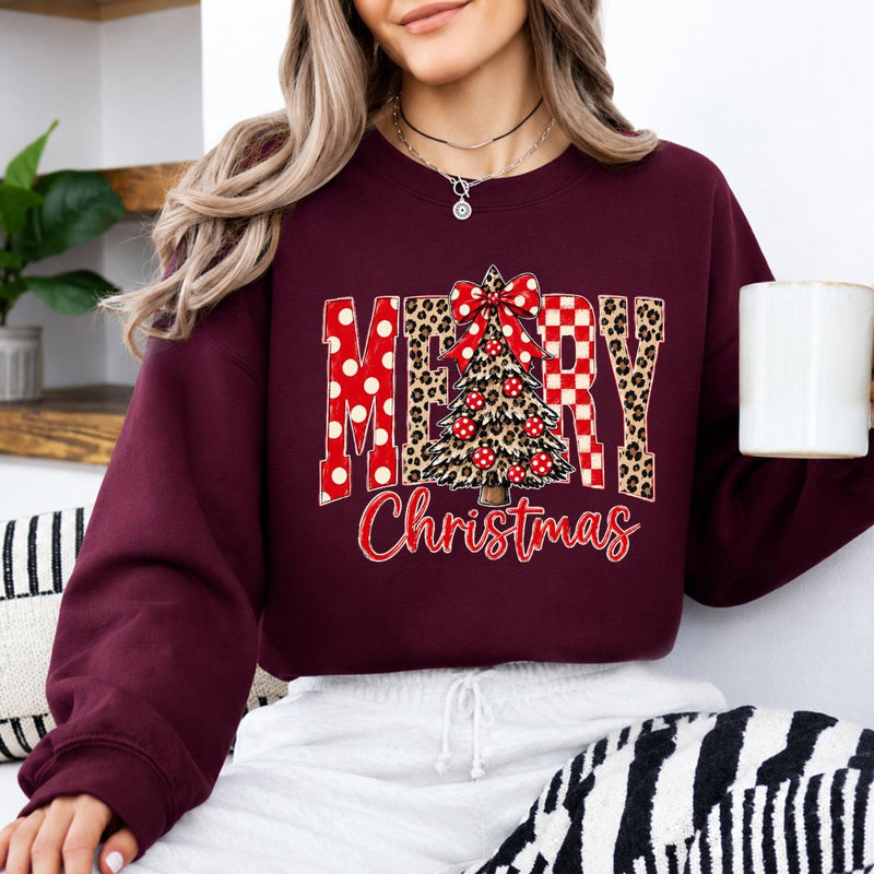 Merry Christmas Sweatshirt Merry Christmas Tree Christmas Holiday Women Leopard Plaid Cute Design