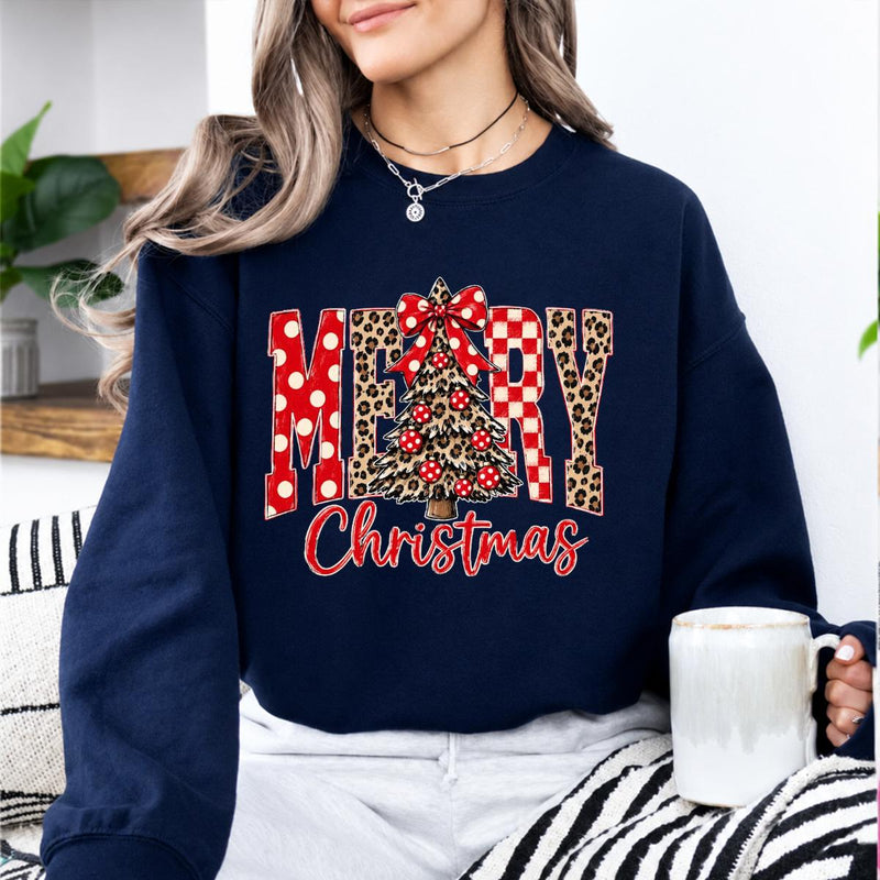 Merry Christmas Sweatshirt Merry Christmas Tree Christmas Holiday Women Leopard Plaid Cute Design