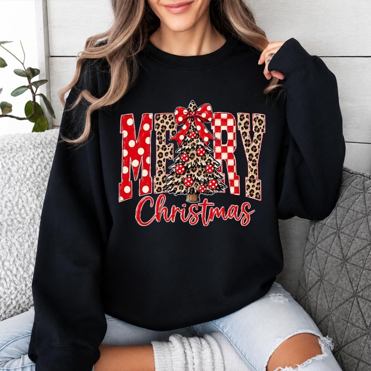 Merry Christmas Sweatshirt Merry Christmas Tree Christmas Holiday Women Leopard Plaid Cute Design