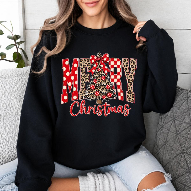 Merry Christmas Sweatshirt Merry Christmas Tree Christmas Holiday Women Leopard Plaid Cute Design