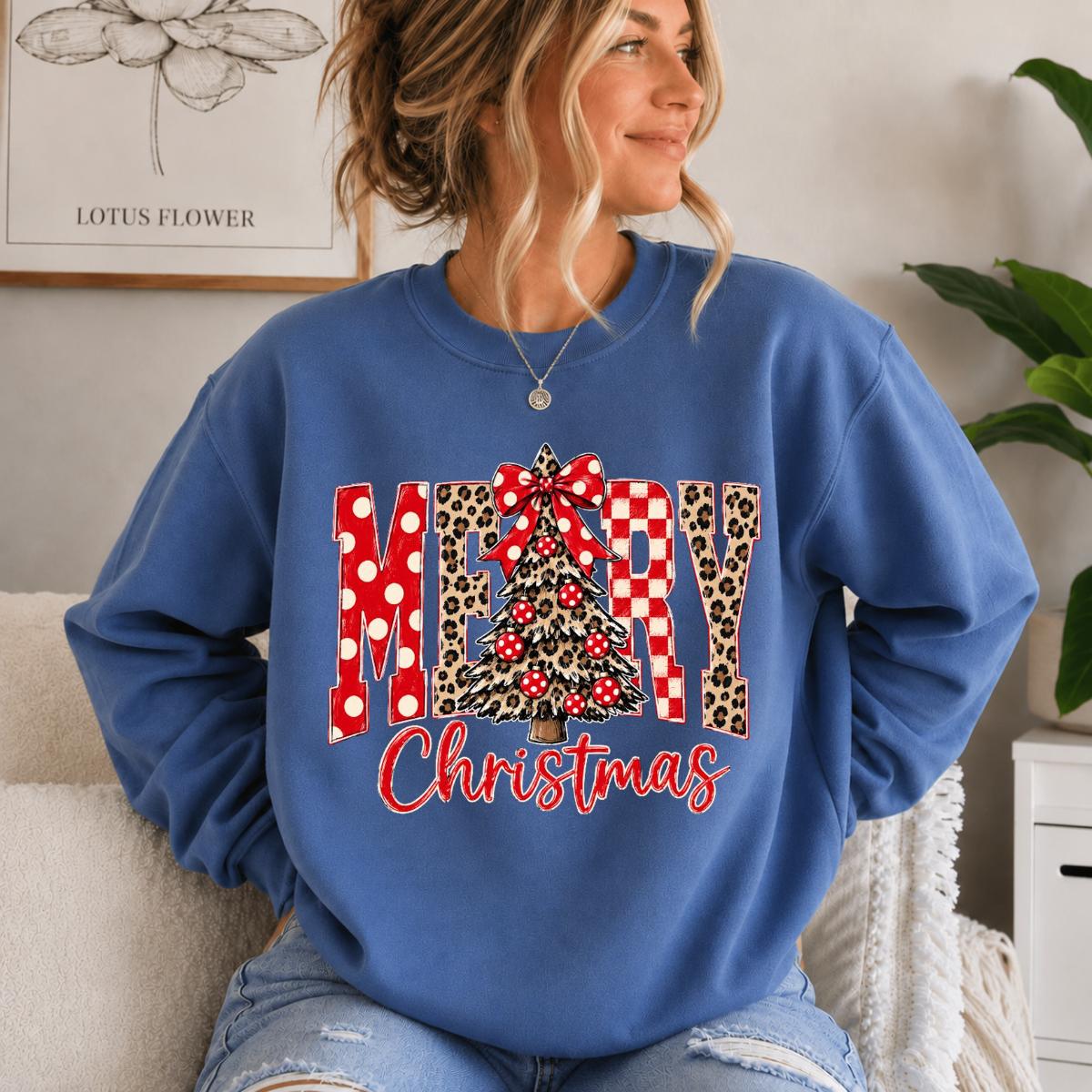 Merry Christmas Sweatshirt Merry Christmas Tree Christmas Holiday Women Leopard Plaid Cute Design
