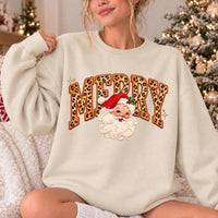 Merry Christmas Sweatshirt, Merry Santa Leopard Print, Christmas Holiday Women, Cute Vintage Western Design