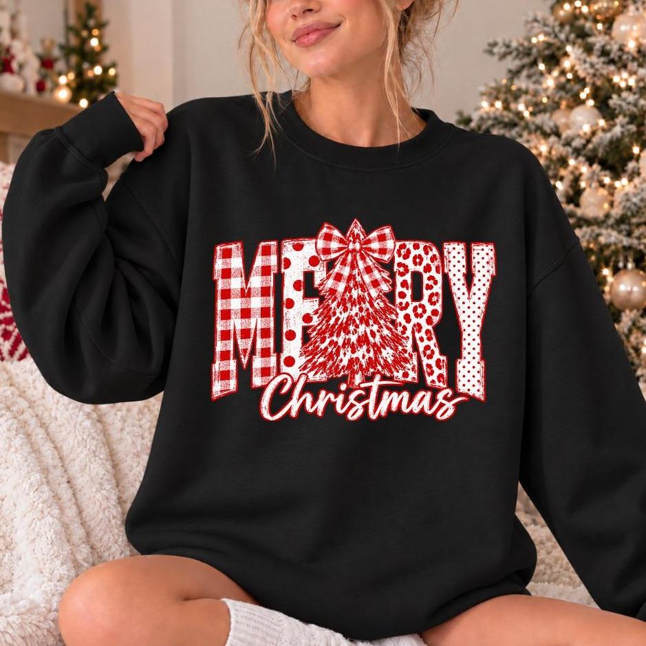 Merry Christmas Sweatshirt, MERRY Tree Bow Design, Holiday Outfit for Women, Rustic Farmhouse Style