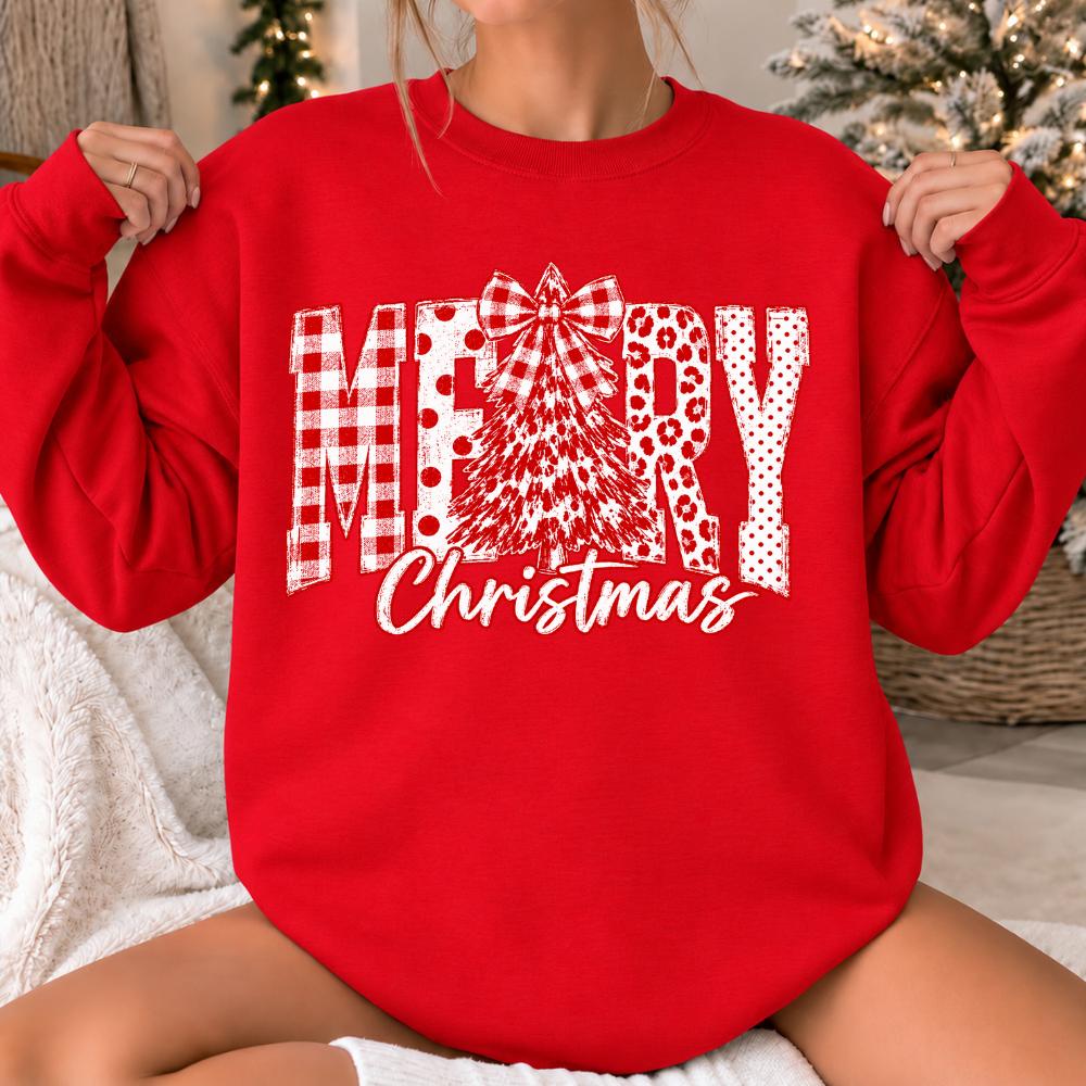 Merry Christmas Sweatshirt, MERRY Tree Bow Design, Holiday Outfit for Women, Rustic Farmhouse Style
