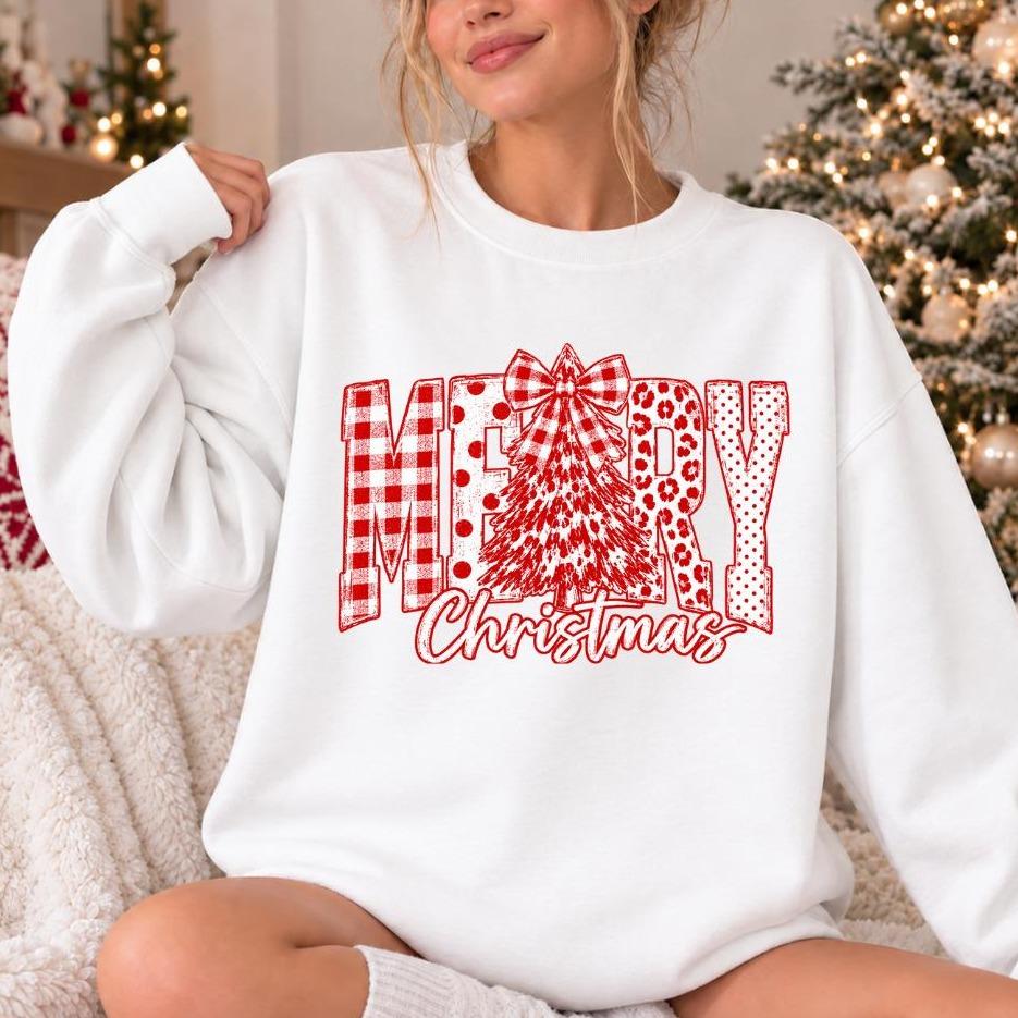 Merry Christmas Sweatshirt, MERRY Tree Bow Design, Holiday Outfit for Women, Rustic Farmhouse Style